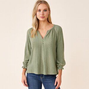 Frye Olive Green Textured Blouse | Dolman Sleeves & Split Neck | EUC